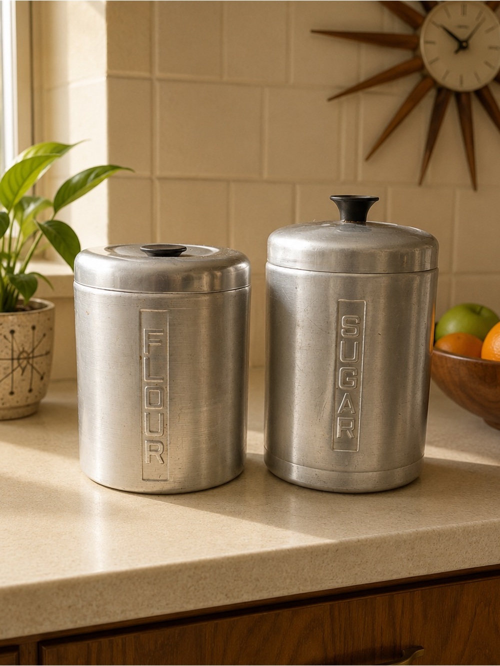 Vintage Italy & Japan  Aluminum Sugar & Flour  Metal Canister Kitchen MCM Retro